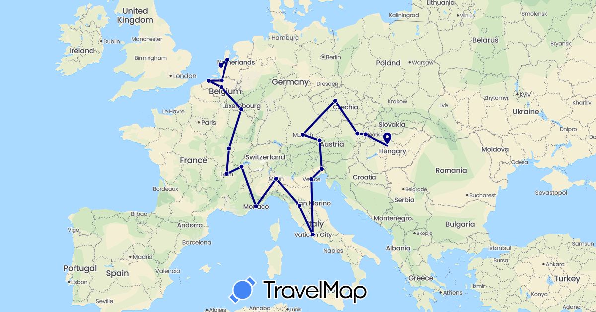TravelMap itinerary: driving in Austria, Belgium, Switzerland, Czech Republic, Germany, France, Hungary, Italy, Luxembourg, Monaco, Netherlands, Slovakia, Vatican City (Europe)